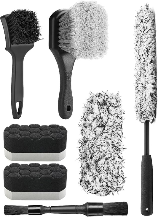 Fantasticlean 7PCS Car Wheel Brush Kit, Tire Brush for Car Owners & Auto Detailers, Soft-bristled Rim Brush, Flat Wheel Brush, Double-Ended Detailing Brush and Pads for Home Shop, Cars Trucks RVs