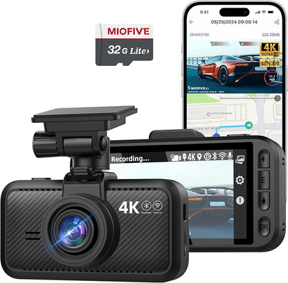 Miofive S1 4K Dash Cam Front - 2160P UHD Dash Camera for Cars, Built-in Wi-Fi, GPS, Bluetooth, 3" IPS Screen, HDR Super Night Vision, 24H Parking Mode, Support Max 512GB, Free 32GB Memory Card