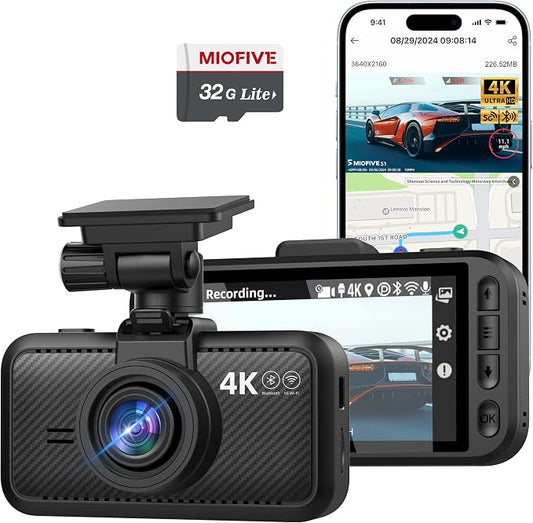 Miofive S1 4K Dash Cam Front - 2160P UHD Dash Camera for Cars, Built-in Wi-Fi, GPS, Bluetooth, 3" IPS Screen, HDR Super Night Vision, 24H Parking Mode, Support Max 512GB, Free 32GB Memory Card