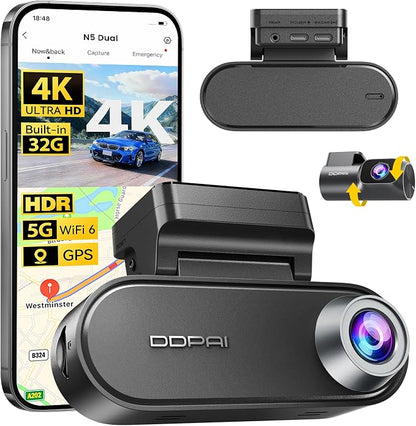DDPAI Dash Cam Front and Rear 4K+1080P, Dash Camera for Cars with Built-in 32GB eMMC & Dual Storage, HDR, WiFi 6, GPS, AI Night Vision, 72H Radar Parking Mode, ADAS, Loop Recording, N5 Dual 2026
