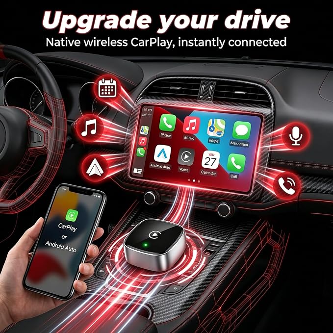 Mini Wireless CarPlay Adapter & Android Auto Adapter, Dual USB-A/Type-C Plug & Play, Ultra-Low Latency Fast Pairing, Compatible with 1500+ Cars & iPhone/Android