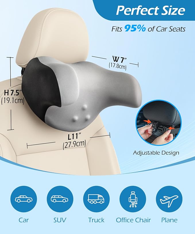Lofty Aim Car Neck Pillow: 2 Pack Ergonomic Memory Foam Headrest Pillow for Driving, Adjustable Neck Support Cushion for Pain Relief, Head Rest Pillows for Car Seat, Truck - Gray & Black
