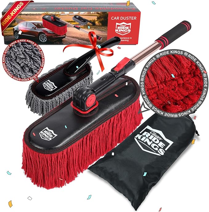 Car Duster Exterior with Extendable Handle, Scratch Free Auto Wash Brush Mop, Interior Detailing Kit for Truck RV Boat - Wax Cotton Duster & Interior Brush, Red