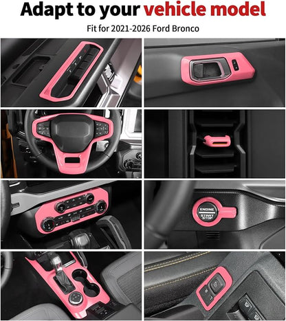 JWWY Interior Trim Kit Full Set Dress-Up Kit Decor Set Center Console Gear Shift Dashboard Panel Door Handle AC Rearview Vent Adjustment Cover Trim for 2021-2026 Ford Bronco Accessories 14pcs Pink