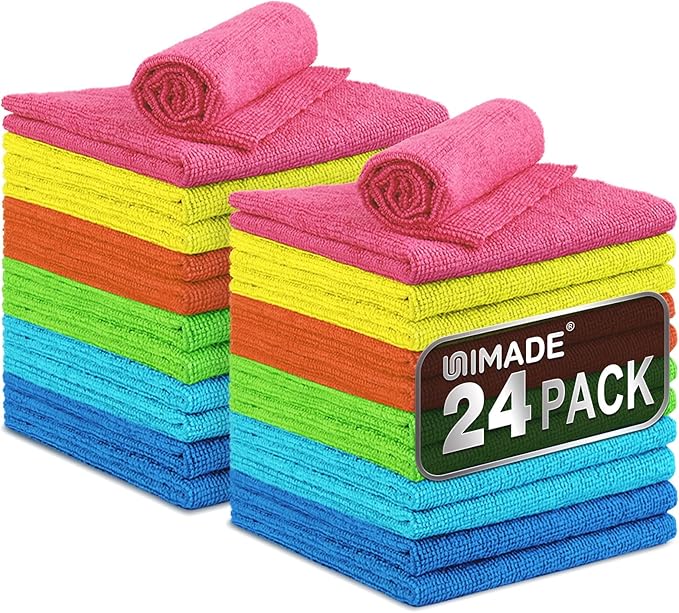UNIMADE Microfiber Cleaning Cloth, 24 Pack Reusable Microfiber Towels for Cars Lint Free Cleaning Shop Towel Rags for Home Kitchen Automotive Bar Mechanic Restaurant Garage, 11"x 12", Multicolor