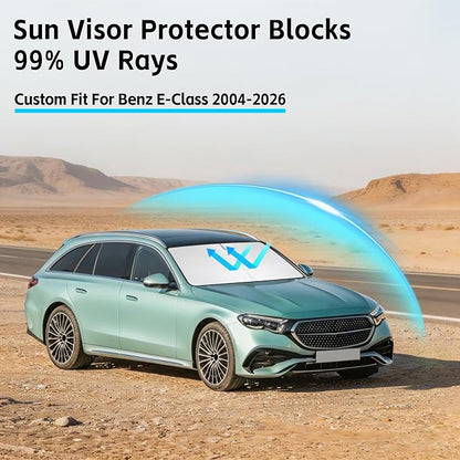 Windshield Sun Shade for Mercedes Benz E-Class E300 E350 E320 E280 E420 E430 E450 E500 2004-2026 Sunshade 300T Windshield Cover Blocks UV Rays Custom Fit Front Window Shade Foldable Keep Cool