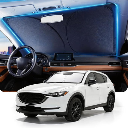 DMJN Front Windshield Sun Shade for Mazda CX5 (2017-2026), [Nano Ice-Crystal Coatings] UPF50+ Heat & UV Block, Protect Car Interior & Keep Cool, Flodable Steel-Ring Car Cover for Summer