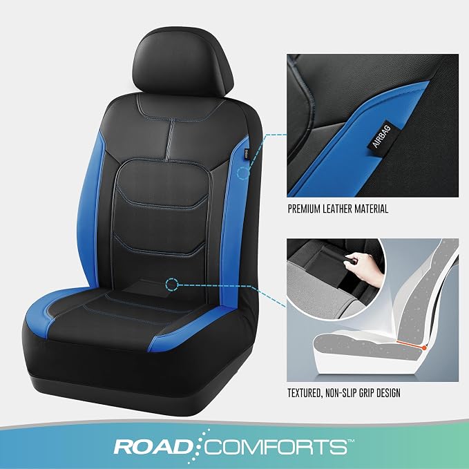 Road Comforts Seat Covers, Premium Leather Car Seat Covers Front Seats,Airbag Compatible, Automotive Seat Covers Universal Fit Most Cars,Vans,Truck,SUV Blue