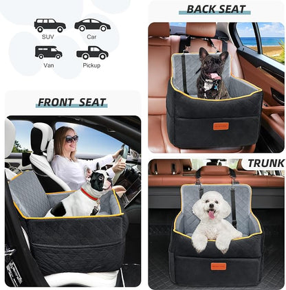 HEGGCOOE Small Dog Car Seat, Memory Foam Dog Booster Seats with Thick Cushion for Medium Dogs Under 35lbs, Detachable Washable Pet Car Seat Bed with Storage Pockets,2 Safety Belts