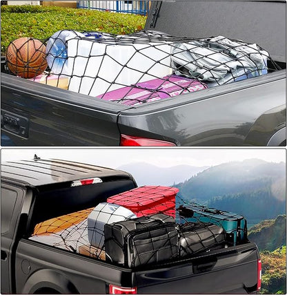 Heavy Duty Truck Bed Cargo Net (4'x6' to 8'x12') - 4"x4" Tight Mesh, 12 Metal Carabiners - Weather Resistant Latex Bungee Net for Pickup Trucks, Trailers, ATVs, Moving, Camping & Overlanding