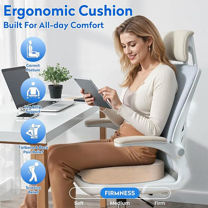 CushZone Seat Cushion, Office Chair Cushions, Car Seat Cushion, Non-Slip Sciatica & Back Coccyx Tailbone Pain Relief Chair Pad, Memory Foam (Khaki)