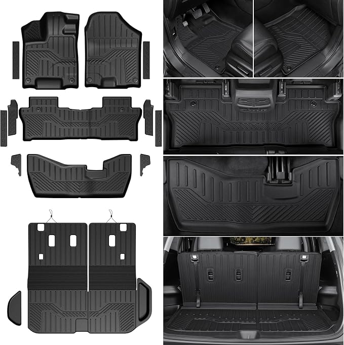 Floor Mats for 2016-2022 Honda Pilot 8 Passengers (No Elite Models), Cargo Mat with Backrest Mat All Weather Protection TPE Car Liner for Honda Pilot Door Sill Guards Accessories