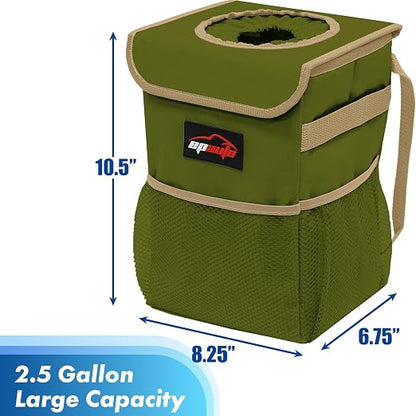 EPAuto Waterproof Car Trash Can with Lid and Storage Pockets, 2.5 Gallon Leakproof, Green