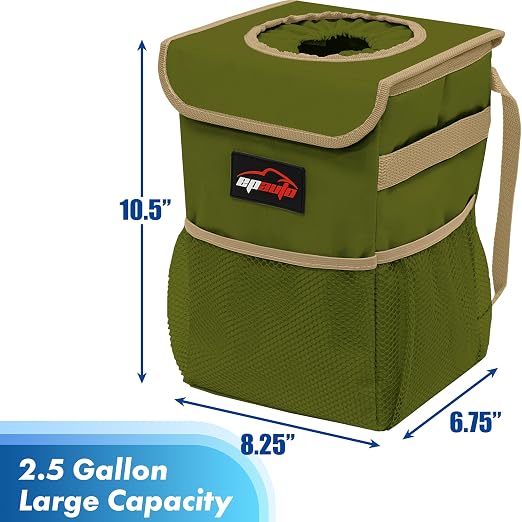 EPAuto Waterproof Car Trash Can with Lid and Storage Pockets, 2.5 Gallon Leakproof, Green