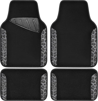 CAR PASS Waterproof Universal Car Floor Mats, Leopard Print Car Mats Fit for SUV,Vans,sedans, Trucks,Set of 4pcs Car Carpet with Driver Heel Pad and Nibs Backing, Leopard Car Accessories Gray Leopard