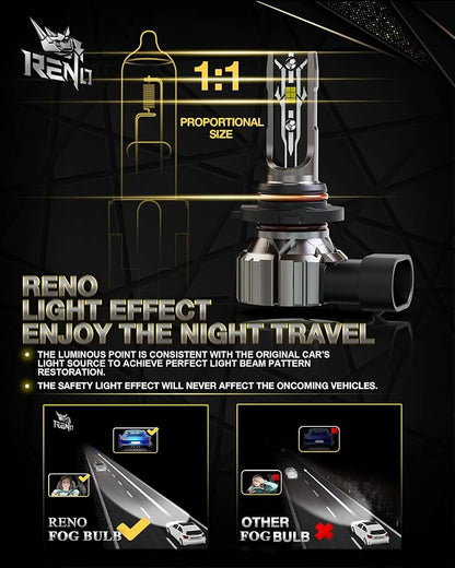 RENO 9005 9006 Bulb Combo, 9006 9005 Fog Bulbs Fanless 6500K 800% Brighter HB4 9006/HB3 9005 Light Bulbs Auxiliary Fog 52000LM Plug and Play, 4 Pack