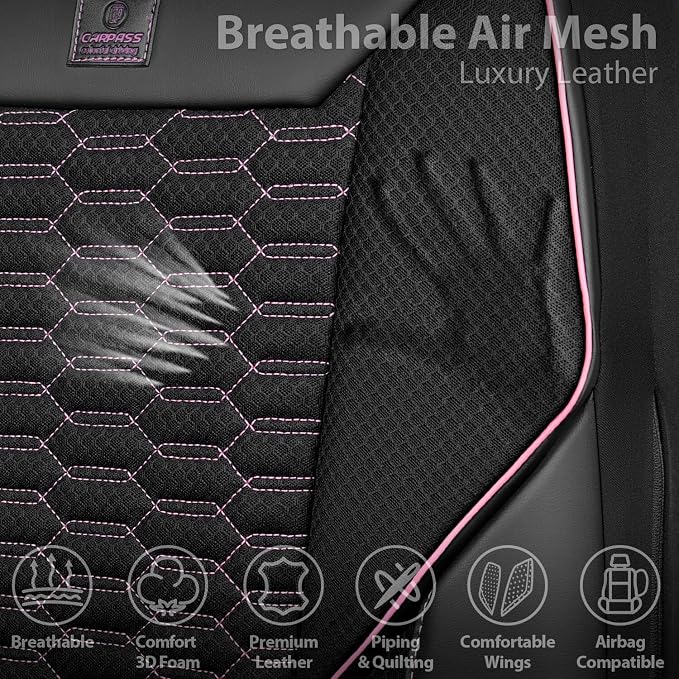CAR PASS 3D Foam Mesh Leather Car Seat Covers Front Seats,Breathable Mesh Front Seat Covers for Women,Universal Fit for Cars SUV Truck Sedan Van Automotive, Armrest Airbag Compatible,Black and Pink
