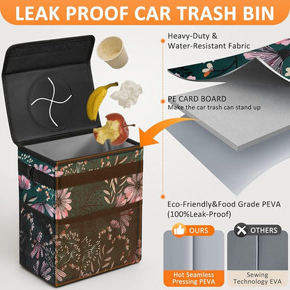 Vankor Car Trash Can for Car Cute, Bag Bin Hanging Waterproof Automotive Garbage Cans Leak Proof Vehicle Trash Can Navy Floral