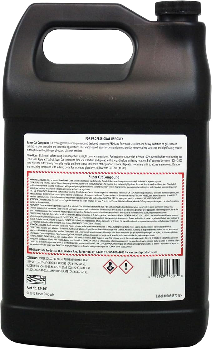 Presta 134501 Super Cut Compound for Removing P800 Grit, Heavy Sand Scratches and Oxidation - 1 Gallon