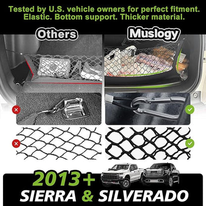 Muslogy Truck Bed Cargo Net Trunk Netting Compatible with 2013-2026 Chevy Silverado & GMC Sierra 1500/2500HD/3500HD Accessories, Pickup Cargo Organizer SUV Sedan Storage Net w/Heavy Duty Carabiners