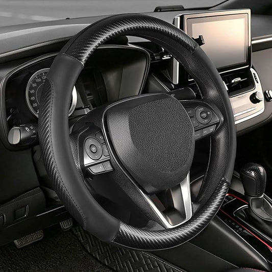 SEG Direct Car Steering Wheel Cover Small Size 14"-14 1/4" Black | For Model 3 Model Y Prius Civic Camaro Rogue, Non-Folding Packaging, Heavy duty, Microfiber Leather Carbon Fiber Pattern