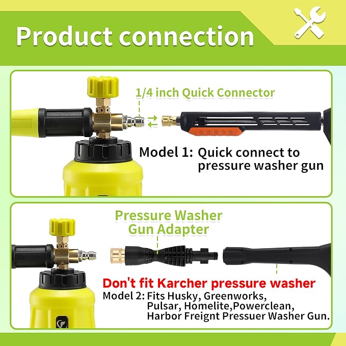 FIXFANS Foam Cannon with Replacement Adapter for Portland Husky Ryobi | Wide Neck Pressure Washer Snow Foam Lance, Heavy Duty Power Washer Foam Blaster, 1/4 Inch Quick Connector, 5 Nozzles, 1L
