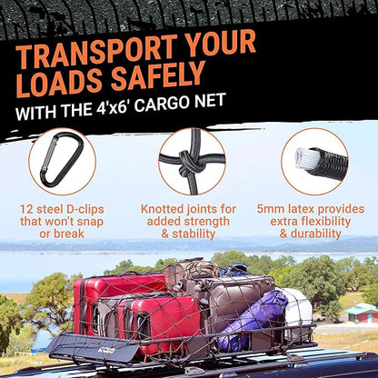 Truck Bed Cargo Net – 4 x 6 Foot, Heavy-Duty Elastic Mesh with 12 Black Clips and Storage Bag for Pickup for Cargo Netting, Securing Loads in Trailers, SUVs & Roof Racks