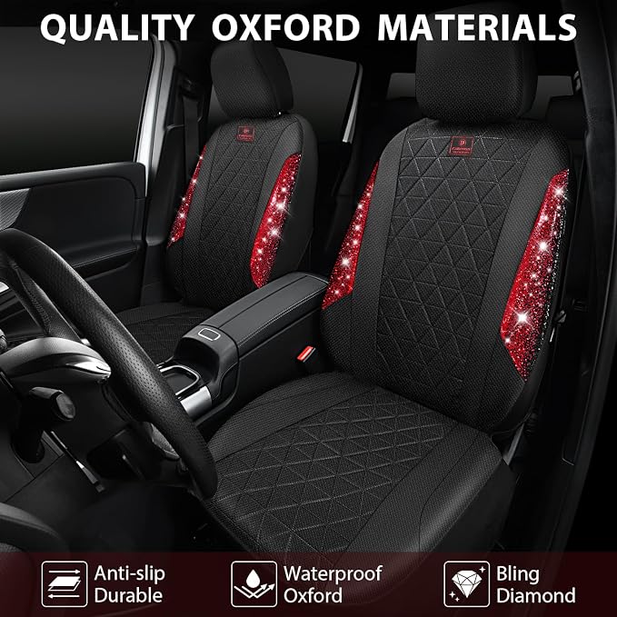 CAR PASS Oxford Bling Diamond Car Seat Covers Full Set Interior Sets, Waterproof Shining Glitter Sparkly Crystal Universal Armrest Fit 95% Automotive Truck SUV Cute Women Girl, Black Red Rhinestone