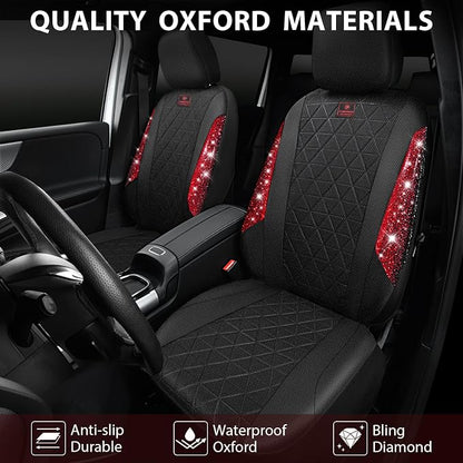 CAR PASS Oxford Bling Diamond Car Seat Covers Full Set Interior Sets, Waterproof Shining Glitter Sparkly Crystal Universal Armrest Fit 95% Automotive Truck SUV Cute Women Girl, Black Red Rhinestone