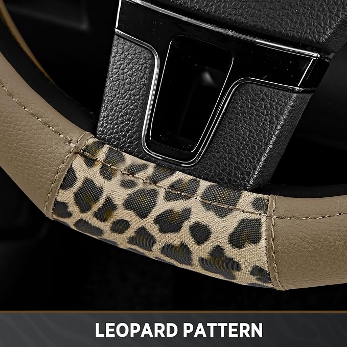 Road Comforts Steering Wheel Cover - Flat Bottom Wheel Cover Made with PVC Leather and Leopard Fabric - Universal Fit for 15-Inch D-Shaped Automotive Steering Wheels (Beige Color)