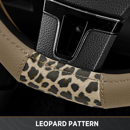 Road Comforts Steering Wheel Cover - Flat Bottom Wheel Cover Made with PVC Leather and Leopard Fabric - Universal Fit for 15-Inch D-Shaped Automotive Steering Wheels (Beige Color)