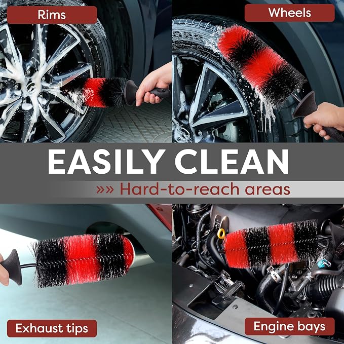 (Upgraded) TAKAVU Premium Wheel & Tire Brush, Long Bristle Detailing Brush for Effortless Rim & Tire Cleaning, Non-Slip Handle, Built-in Knuckle Guard, Deep Reach for Brake Dust & Dirt Removal (Red)