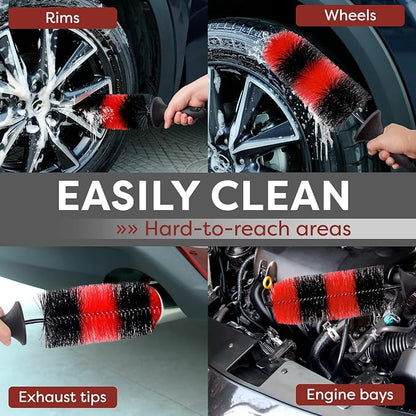 (Upgraded) TAKAVU Premium Wheel & Tire Brush, Long Bristle Detailing Brush for Effortless Rim & Tire Cleaning, Non-Slip Handle, Built-in Knuckle Guard, Deep Reach for Brake Dust & Dirt Removal (Red)