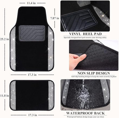 CAR PASS 11 PCS Bling Diamond Car Mats Set for Women Girls, Sparkly Rhinestone Steering Wheel Cover, Waterproof Floor Mats Universal Fit for SUV,Vans,Sedans,Trucks Anti-Slip, Interior Sets Silver