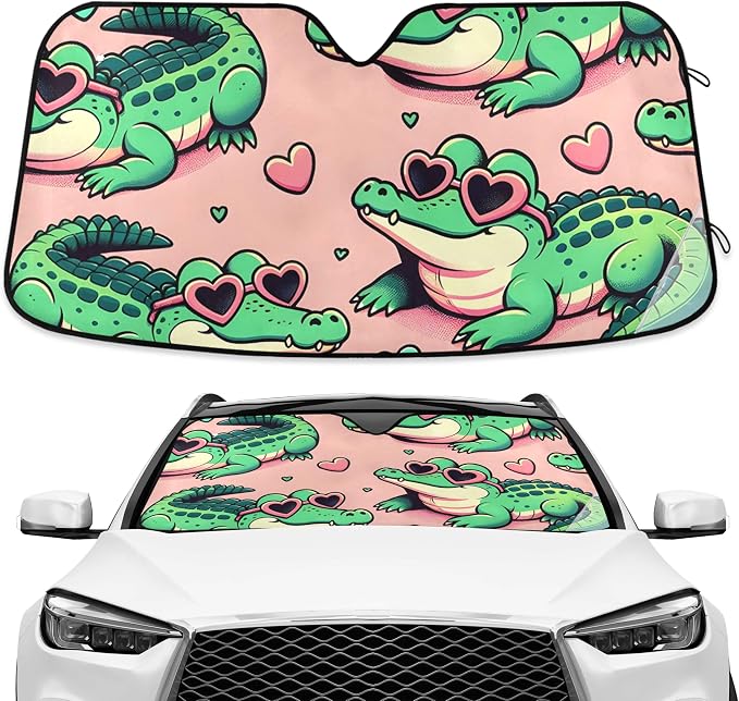 Alligator Crocodiles Pink Windshield Sun Shade Blocks UV Rays Sun Visor Protector Sunshade Accordion Folding Sun Reflector Auto for Car Truck SUV to Keep Your Vehicle Cool