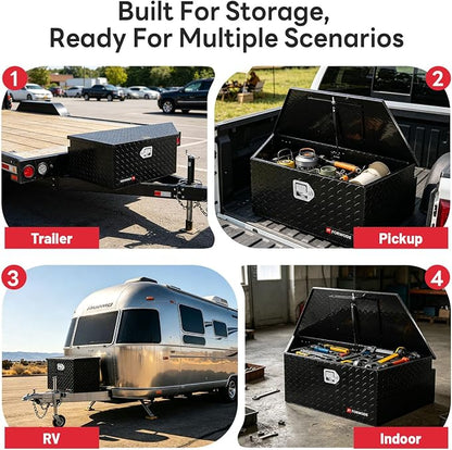 FORWODE Trailer Tongue Box 39 Inch Aluminum Tongue Tool Box Lockable Trailer Tool Chest with Gas Strut, Secure Diamond Plate Truck Tongue Tool Box for Trailer, Truck Bed, Pickup & RV Storage (Black)