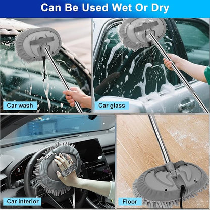 THINKWORK Car Wash Kit, 62'' Car Washing Brush with Long Handle, Extendable Car Wash Brush Mop with 2-in-1 Windshield Squeegee and 9Pcs Detailing Brushes, Gray Car Detailing Kit Gift for Men