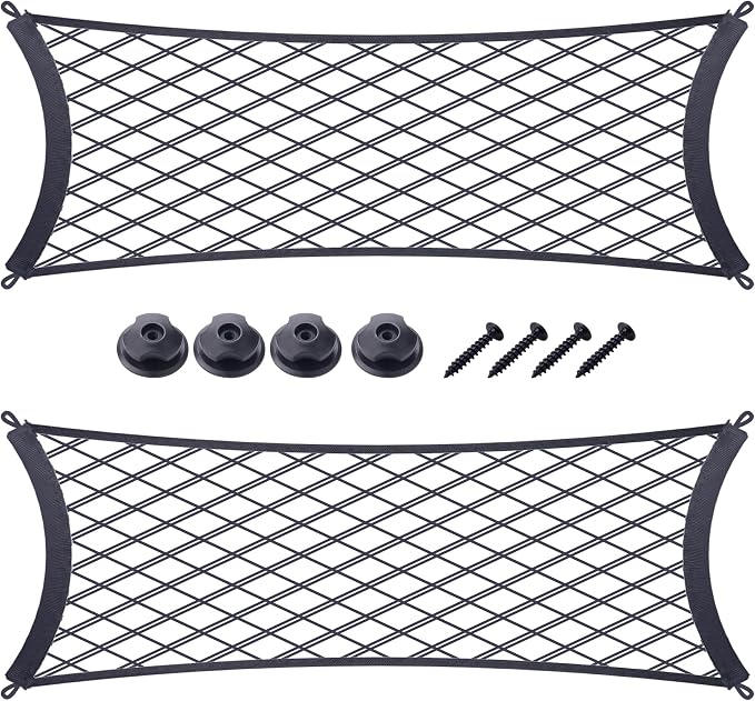 JINGKE 2 Pcs Small Cargo Net Pocket Elastic Mesh Netting Car Mesh Pouch with Screws and Hooks for Trunk RV Boats Home Cargo Storage (25.6'' x 9.8'')