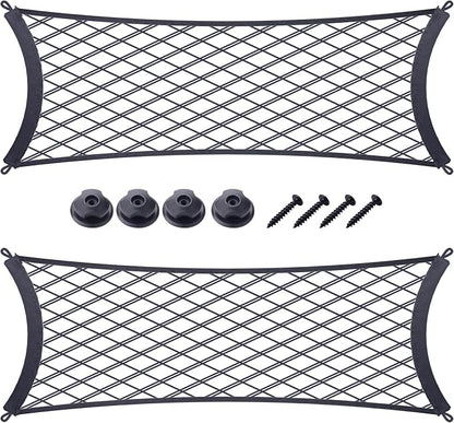 JINGKE 2 Pcs Small Cargo Net Pocket Elastic Mesh Netting Car Mesh Pouch with Screws and Hooks for Trunk RV Boats Home Cargo Storage (25.6'' x 9.8'')