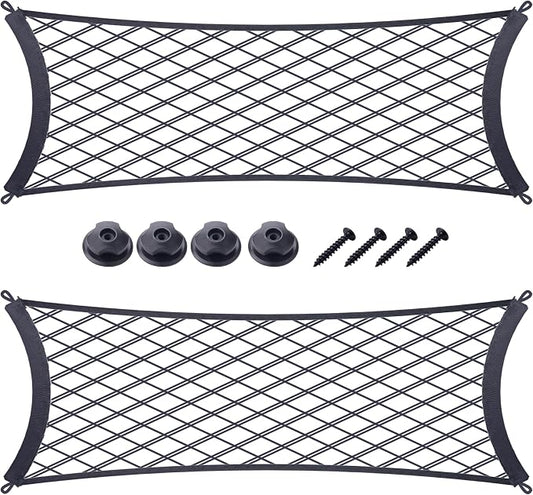 JINGKE 2 Pcs Small Cargo Net Pocket Elastic Mesh Netting Car Mesh Pouch with Screws and Hooks for Trunk RV Boats Home Cargo Storage (25.6'' x 9.8'')