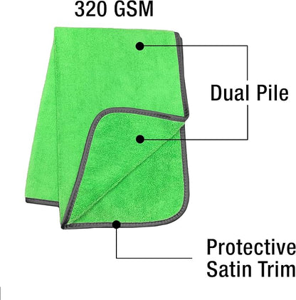 Detailer's Preference Large 320 GSM Microfiber Towels for Car Detailing, Washing, Drying, Ultra Soft Terry Weave, Scratch-Free, Lint-Free, Multi-Surface, Reusable, 16x24 Inch, 12-Pack, Green