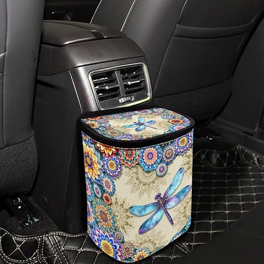 Vibrant Boho Mandala Dragonfly Print Car Trash Can with Lid and Zipper Portable Foldable Garbage Can Hanging for Headrest Leakproof Organizer and Storage Bag Car Accessories
