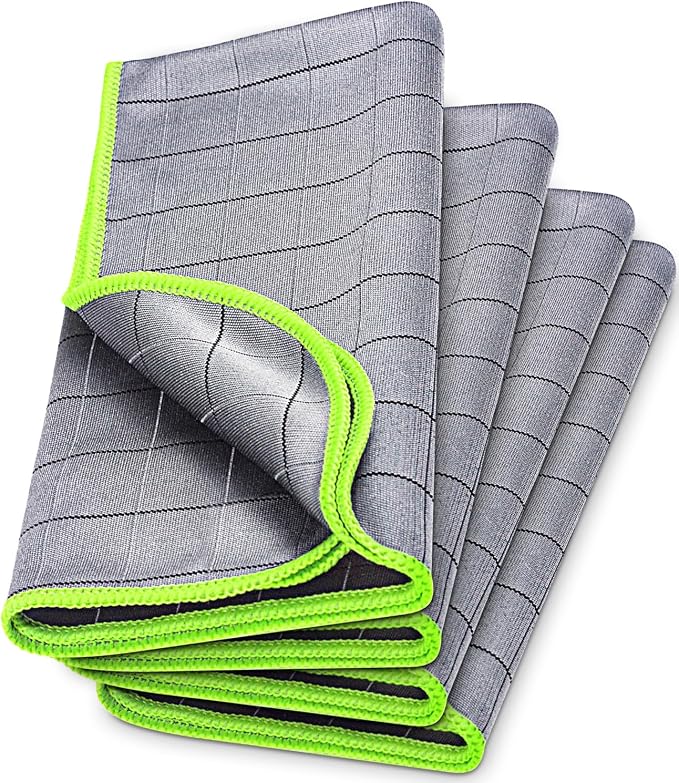 Airlab Magic Cleaning Cloth Window Glass Cleaner Carbon Microfiber Towels Kitchen Bathroom Lint Free Rags Car Wipes Drying Auto Detailing, Pack of 4, 20" x 16", Grey-Green