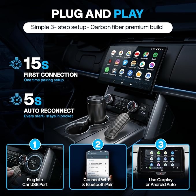 2026 Wireless CarPlay & Android Auto Adapter - Flexible Cable Prevents Port Damage, Dual-Band 2.4GHz+5GHz Fast & Stable Connection, USB A+C Adapter Included for 800+ Vehicles 2015-2026, Carbon Fiber