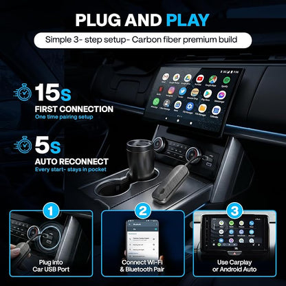 2026 Wireless CarPlay & Android Auto Adapter - Flexible Cable Prevents Port Damage, Dual-Band 2.4GHz+5GHz Fast & Stable Connection, USB A+C Adapter Included for 800+ Vehicles 2015-2026, Carbon Fiber