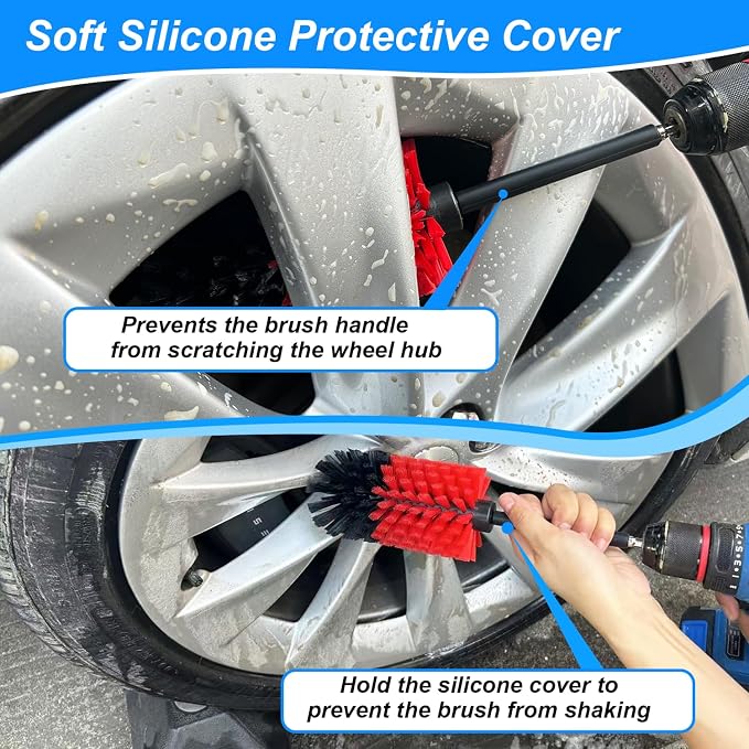 Wheel Brush Kit, Soft Drill Wheel Cleaner Brush, No Scratches Highly Dense Car Cleaning Brush Set for Wheels, Rims, Engines, Exhaust(Red/Black,2Pcs)