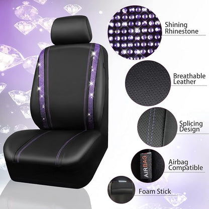 CAR PASS Bling Diamond Leather Car Seat Covers 11 PCS, Sparkly Rhinestone Steering Wheel Cover Glitter Cute Interior Car Accessories Sets Seat Belt Cushion Cup Holder Coaster Women Girl, Violet Purple