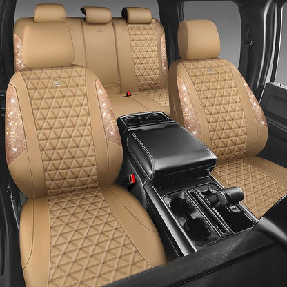 CAR PASS Bling Diamond Beige Leather Car Seat Covers Full Sets Interior Set, Waterproof Shining Glitter Sparkly Crystal Universal Armrest Fit for Automotive Truck SUV Cute Women Girl, Beige Rhinestone