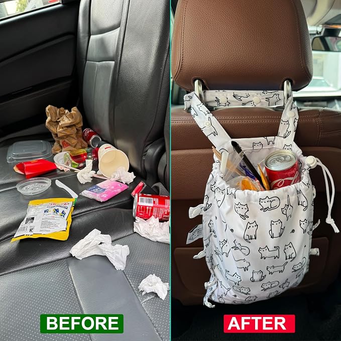 Leak-Proof Waterproof Car Trash Bag Foldable Multipurpose Trash bin Container Storage Cute Grocery Organizer Bag for Automotive Front or Back Seat in Cars SUVs and Trucks (White cats)