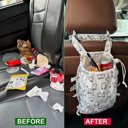 Leak-Proof Waterproof Car Trash Bag Foldable Multipurpose Trash bin Container Storage Cute Grocery Organizer Bag for Automotive Front or Back Seat in Cars SUVs and Trucks (White cats)